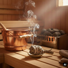 Weiße Salbei Räucherfackel glimmt in der Sauna neben einem Kupferkübel