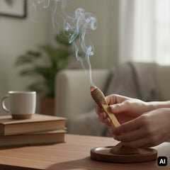 Palo Santo Stick Blauer Salbei glimmt im Wohnzimmer