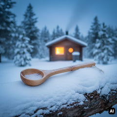 Saunakelle aus Holz im Schnee vor einer Saunahütte