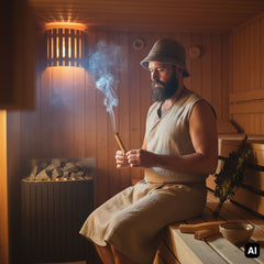 Mann räuchert mit einem Palo Santo Stick in der Sauna