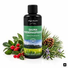 Allgäuquelle Bio-Saunaaufguss Allgäuer Freudensprung Sauna Wiesenaufguss 100 ml Flasche mit Wintergrün-Beeren, Rosmarin und Zirbenzapfen