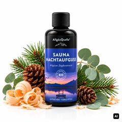 Allgäuquelle Bio-Saunaaufguss Allgäuer Zapfenstreich Sauna Nachtaufguss 100 ml Flasche mit Zirbenzapfen, Eukalyptus und Holzspänen