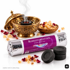 Berk holy smokes Kohletabletten Mini 2,7 cm Rolle mit 6 Stück, Beispielanwendung mit glühender Kohle in Räuchergefäß aus Messing und Weihrauchharz