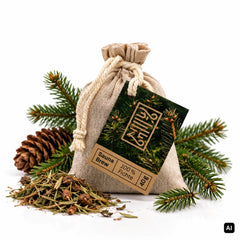 BREEZE Sauna Brew Fichte 40 g Leinenbeutel mit Etikett, Fichtenzweigen, Zapfen und getrockneten Fichtennadeln