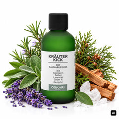 Oskari Bio-Saunaaufguss Kräuter Kick 100 ml Flasche mit Rosmarin, Salbei, Lavendel und Zedernholz