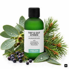 Oskari Bio-Saunaaufguss Tief und Gut Atmen 100 ml Flasche mit Eukalyptus, Wacholderbeeren und Kiefernzweigen