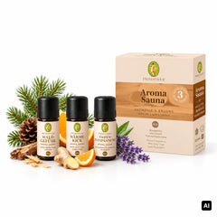 Primavera Bio-Saunaaufguss Probierset Harmonie und Erdung 3 x 10 ml mit Waldgefühl, Wärmekick und Tiefenentspannung vor der Verpackung, mit Tannenzweig, Ingwer, Orange und Lavendel