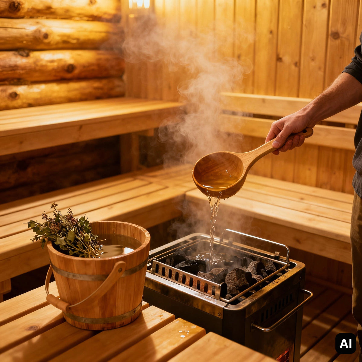 Sauna Brew Aufguss: Kräutersud wird mit der Holzkelle auf die heißen Saunasteine gegossen