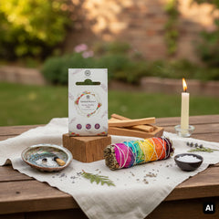 Räucherbündel 7 Chakra mit Palo Santo und Muschelschale im Garten