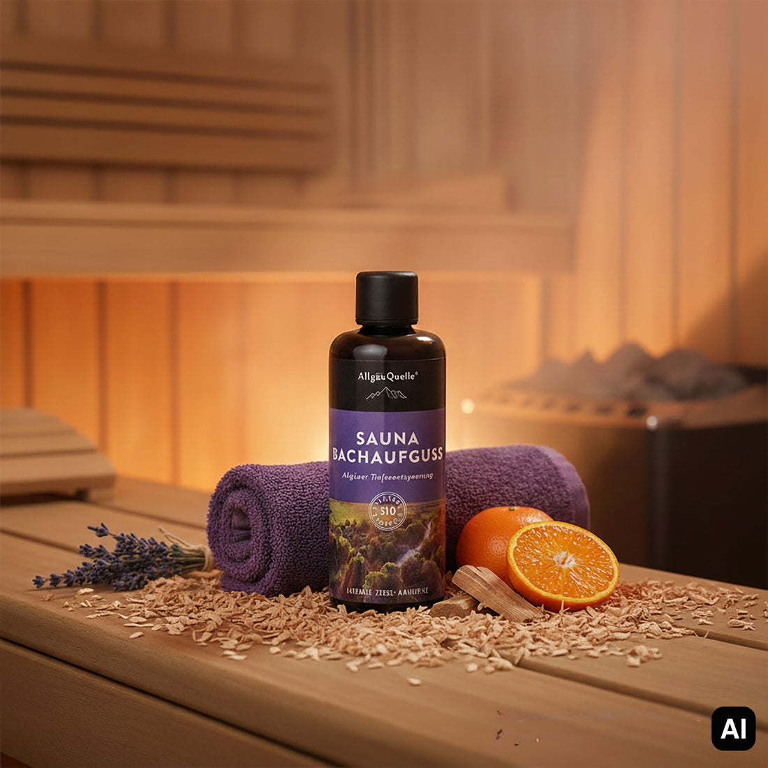 Saunaaufguss Allgäuer Tiefenentspannung mit Lavendel und Orange in der Sauna