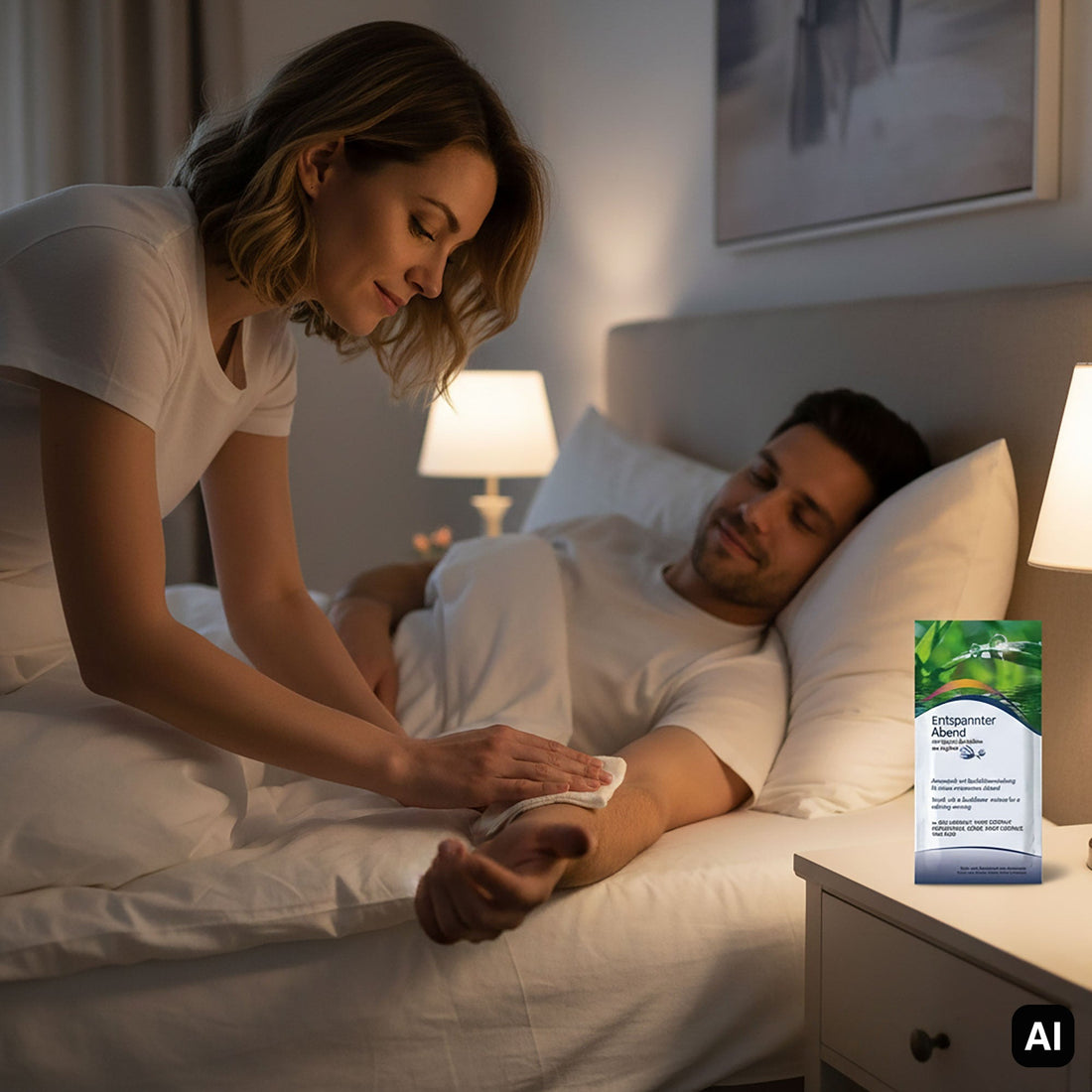 Bachblütentuch Entspannter Abend wird im Bett angewendet