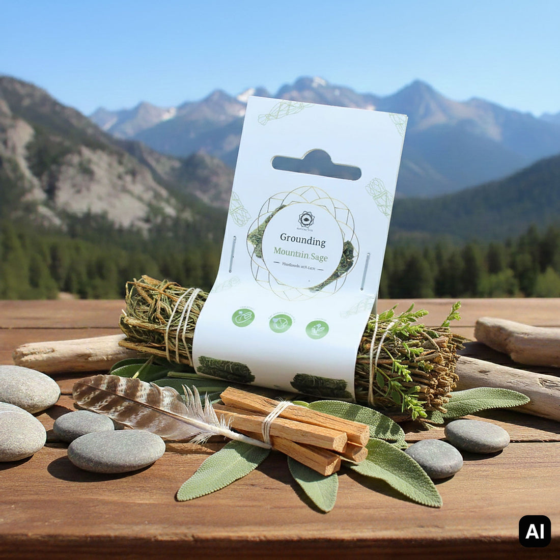 Räucherbündel Mountain Sage mit Feder und Steinen vor Bergkulisse
