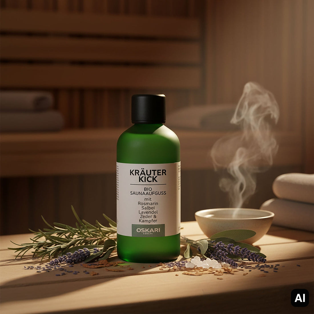 Saunaaufguss Kräuter Kick mit Rosmarin und Lavendel in der Sauna