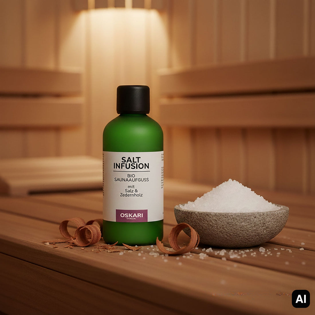 Salzaufguss Salt Infusion mit Salzschale und Zedernholz in der Sauna