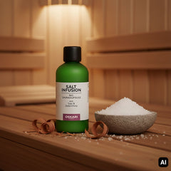 Salzaufguss Salt Infusion mit Salzschale und Zedernholz in der Sauna