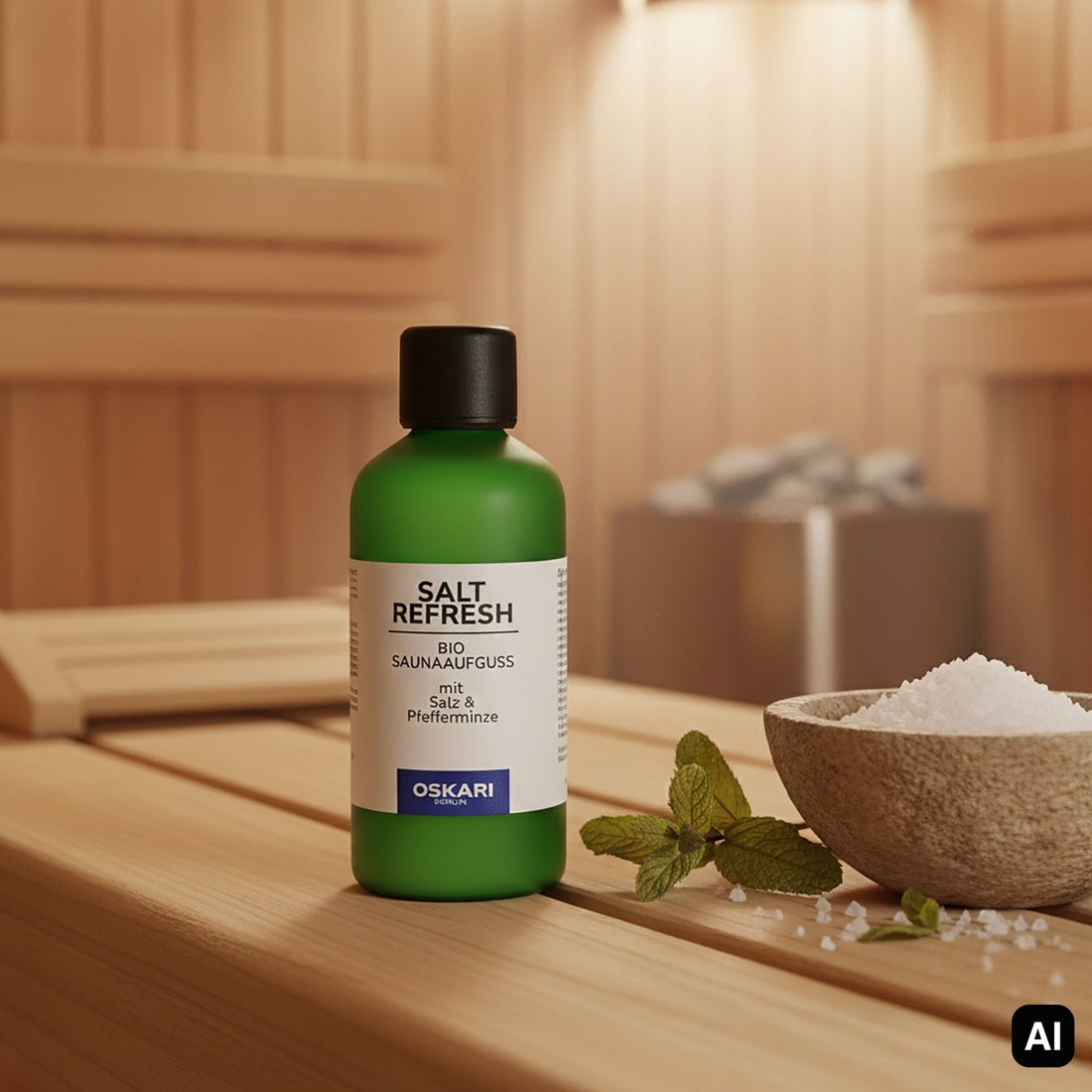 Salzaufguss Salt Refresh mit Salzschale und Minze in der Sauna