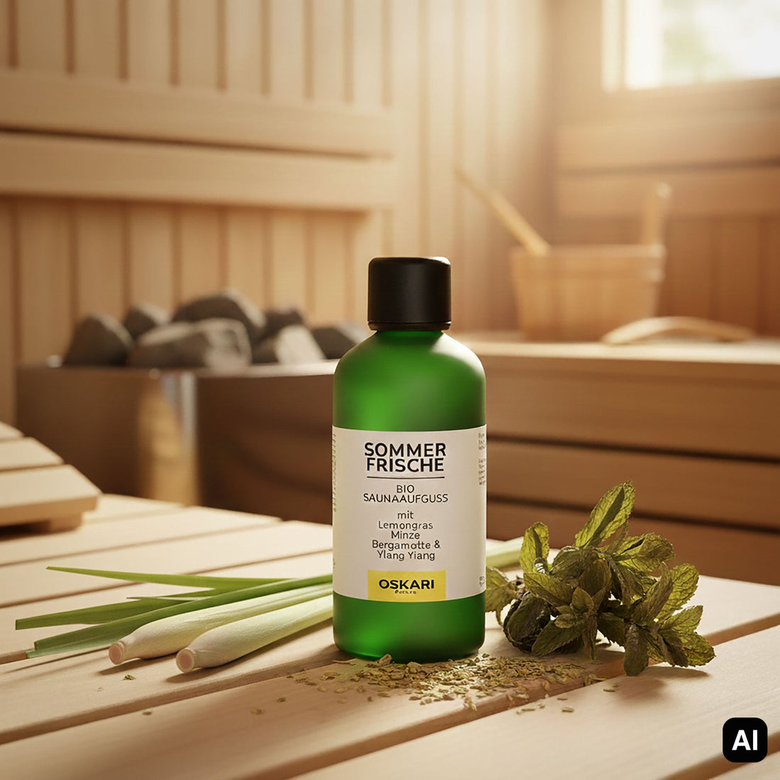Saunaaufguss Sommerfrische mit Lemongras und Minze in der Sauna