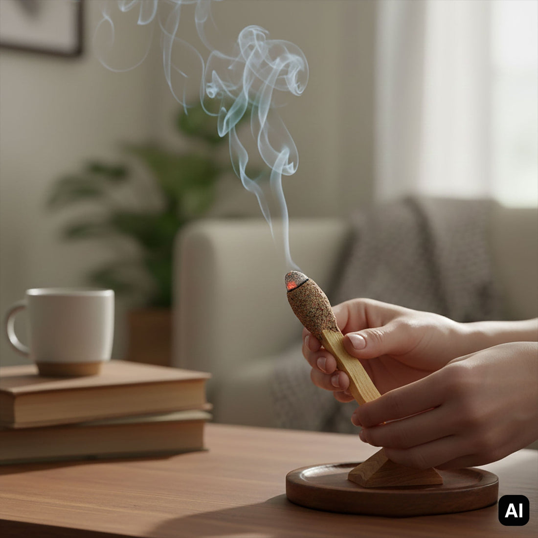 Palo Santo Stick Blauer Salbei glimmt im Wohnzimmer