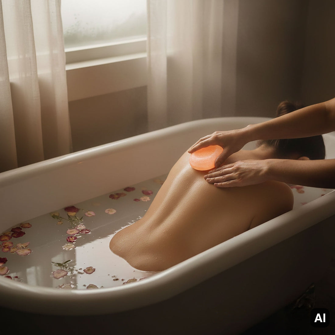 Massage mit dem Salzkristall Massagestein in der Badewanne