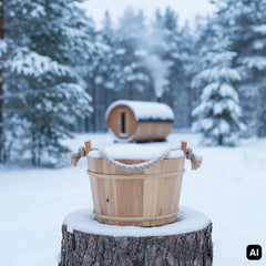 Saunaeimer aus Holz im Schnee vor einer Fasssauna