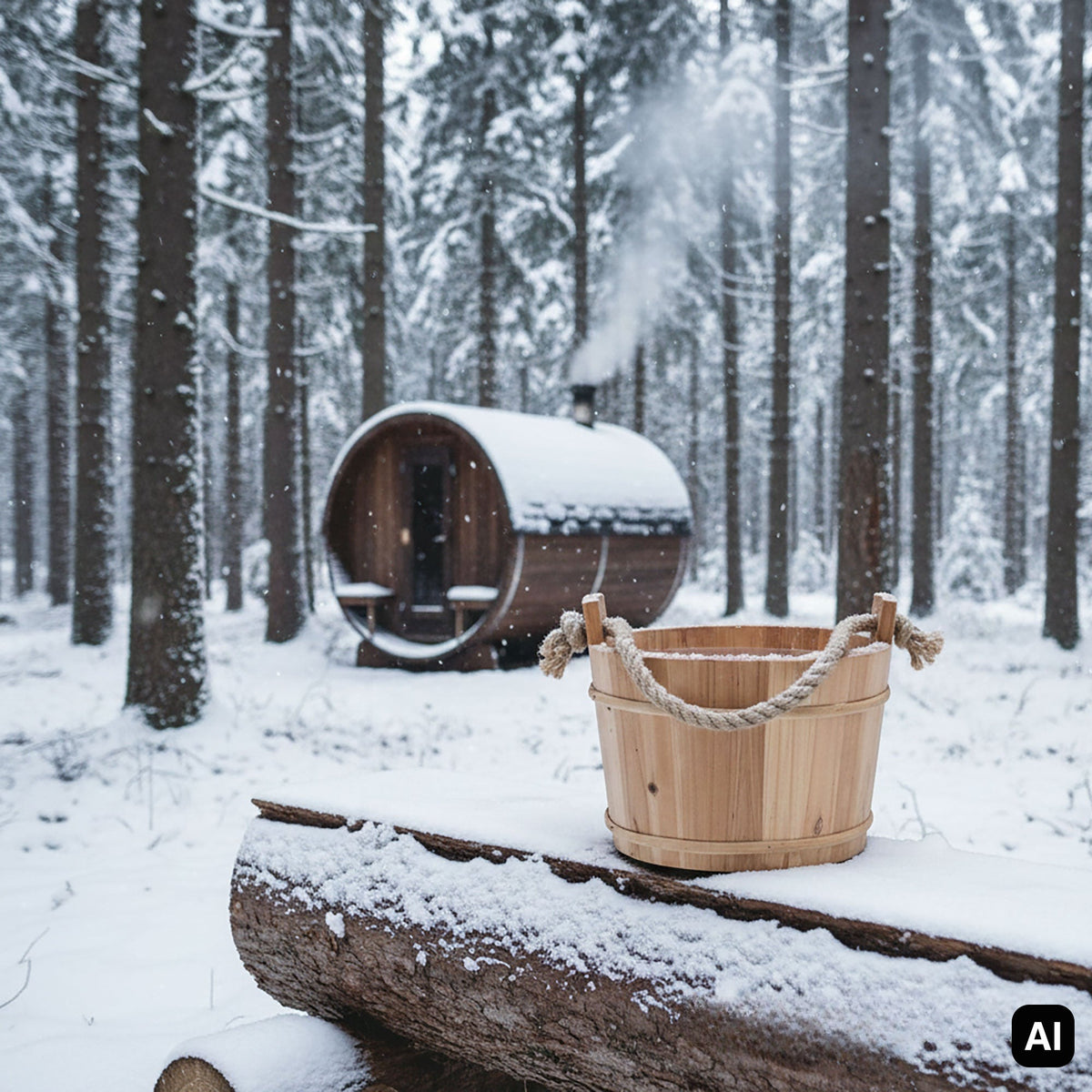 Saunaeimer aus Holz auf einem Baumstamm im verschneiten Wald