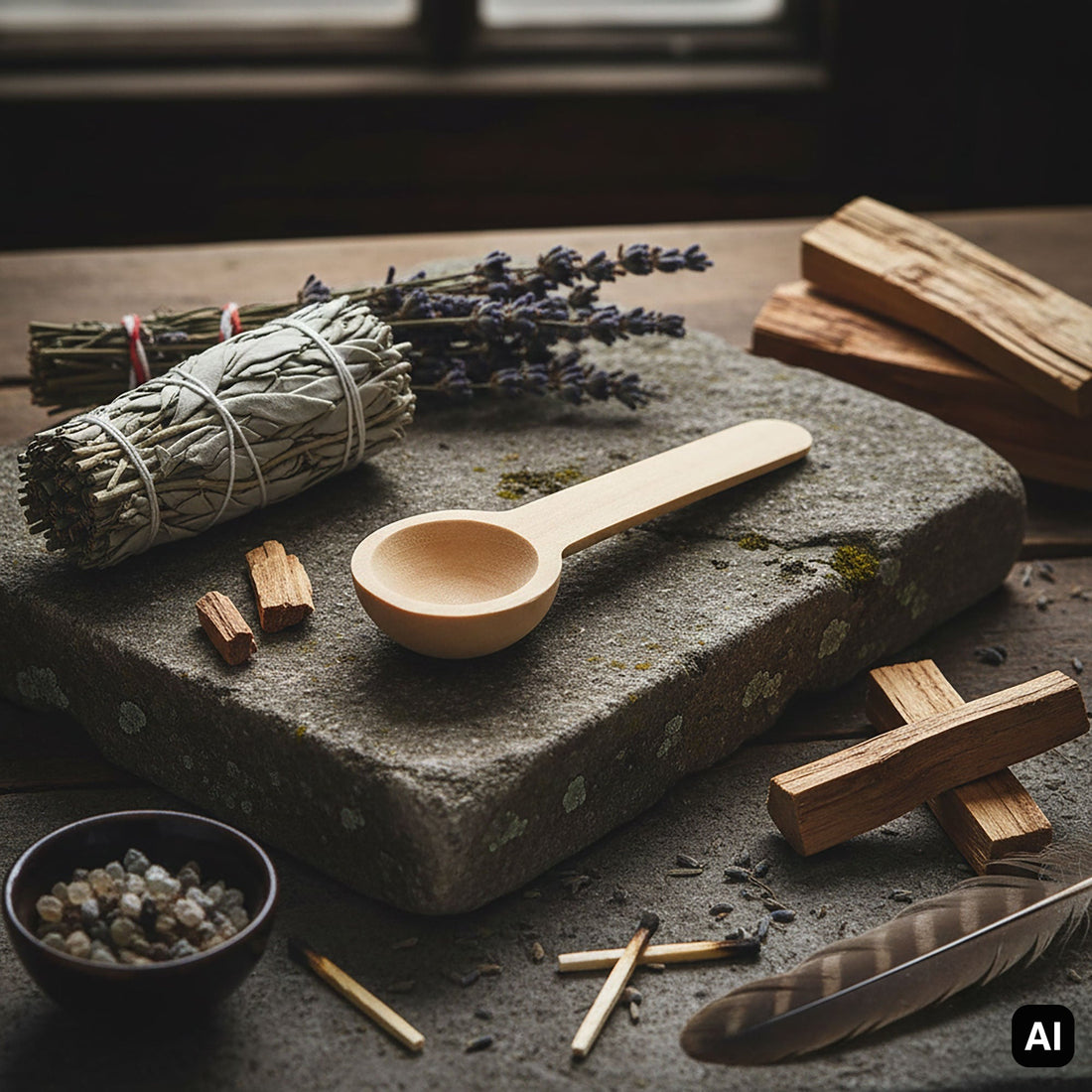 Räucherlöffel aus Holz mit Salbeibündel und Palo Santo