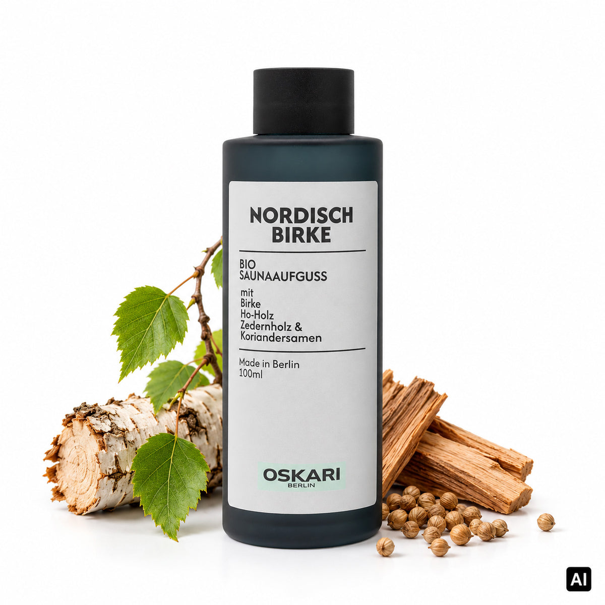 Oskari Bio-Saunaaufguss Nordisch Birke 100 ml Flasche mit Birke, Ho-Holz und Koriandersamen