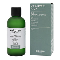 Oskari Bio-Saunaaufguss Kräuter Kick Flasche mit Verpackung