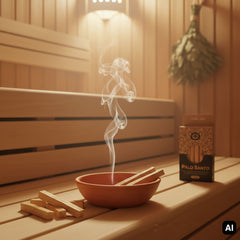 Palo Santo Sticks in einer Tonschale auf der Saunabank