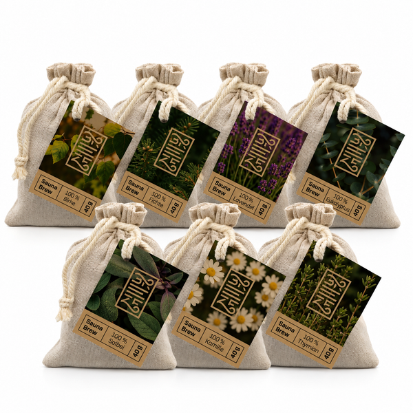 BREEZE Sauna Brew Set mit 7 Leinenbeuteln je 40 g: Birke, Fichte, Lavendel, Eukalyptus, Salbei, Kamille und Thymian