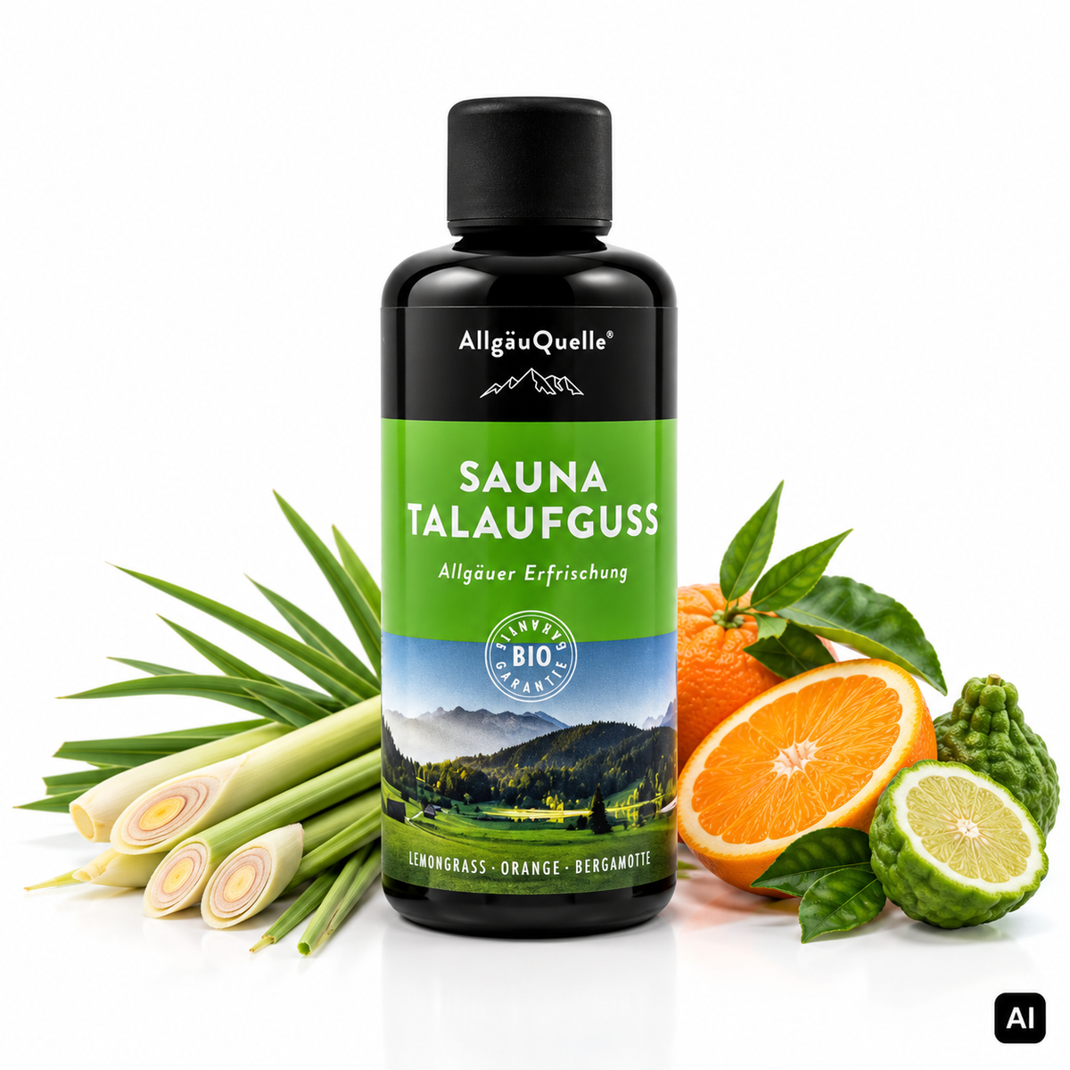 Allgäuquelle Bio-Saunaaufguss Allgäuer Erfrischung Sauna Talaufguss 100 ml Flasche mit Lemongrass, Orange und Bergamotte