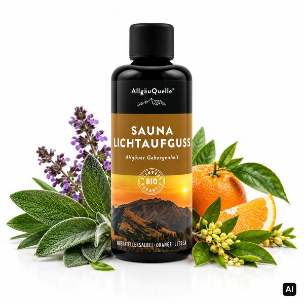Allgäuquelle Bio-Saunaaufguss Allgäuer Geborgenheit Sauna Lichtaufguss 100 ml Flasche mit Salbeiblüten, Orange und Orangenblüten