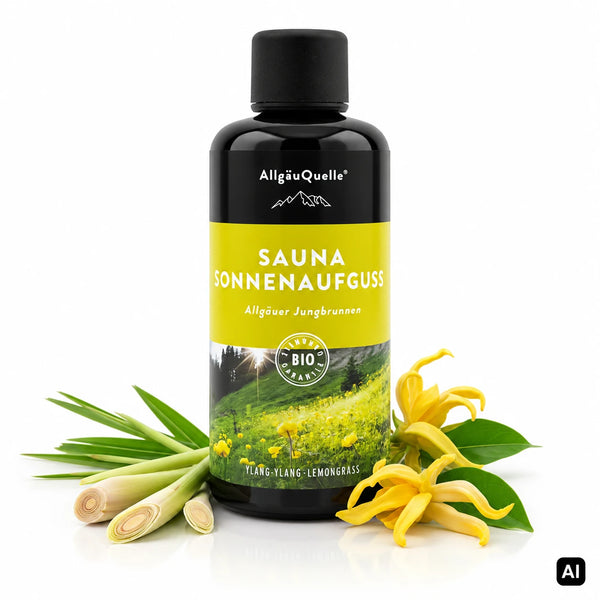 Allgäuquelle Bio-Saunaaufguss Allgäuer Jungbrunnen Sauna Sonnenaufguss 100 ml Flasche mit Ylang-Ylang-Blüten und Lemongrass
