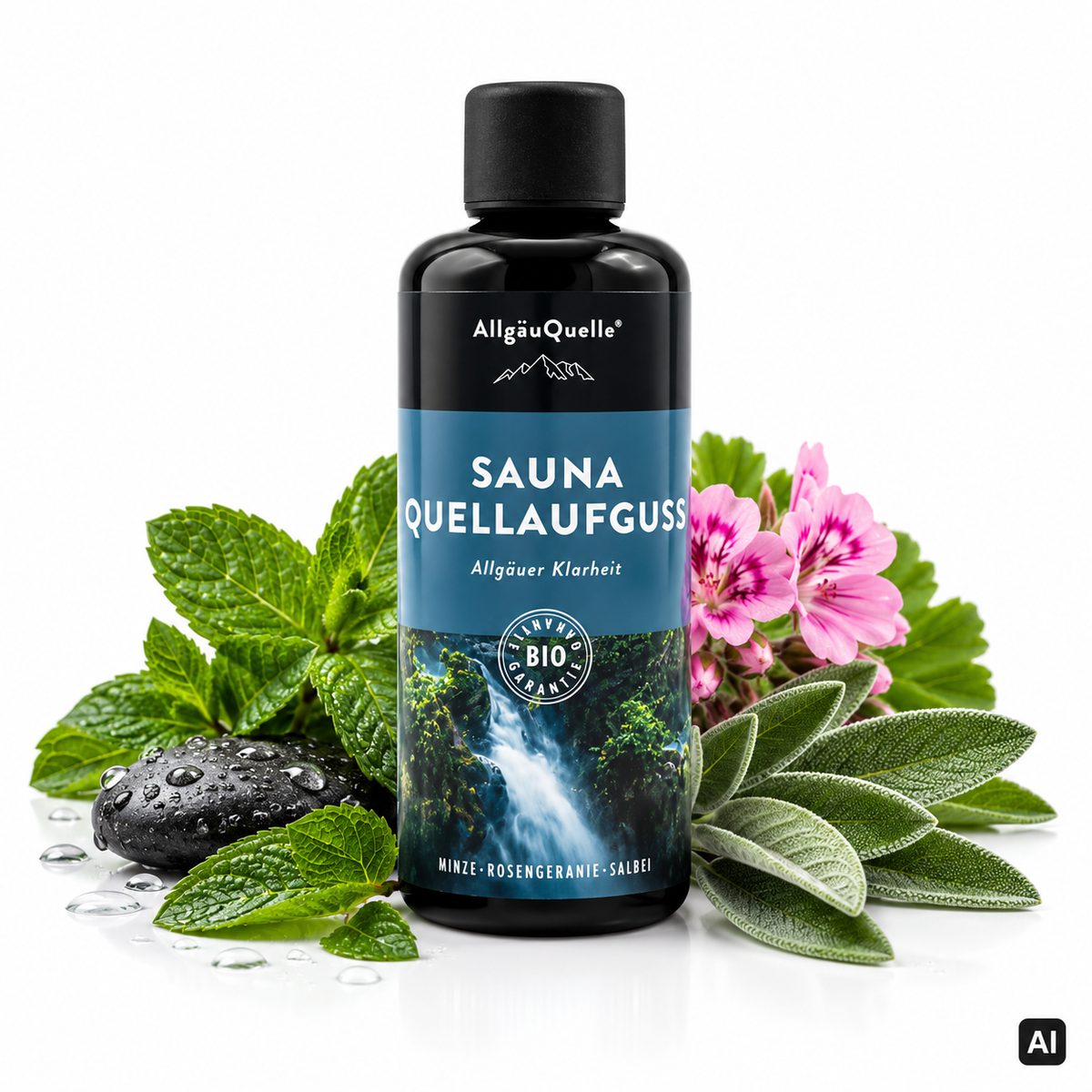 Allgäuquelle Bio-Saunaaufguss Allgäuer Klarheit Sauna Quellaufguss 100 ml Flasche mit Minze, Geranienblüten, Salbei und nassem Stein