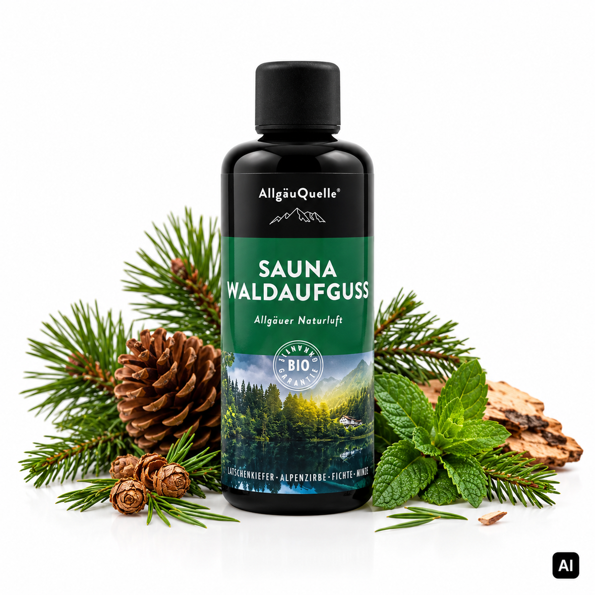 Allgäuquelle Bio-Saunaaufguss Allgäuer Naturluft Sauna Waldaufguss 100 ml Flasche mit Kiefernzweigen, Zapfen, Minze und Rinde