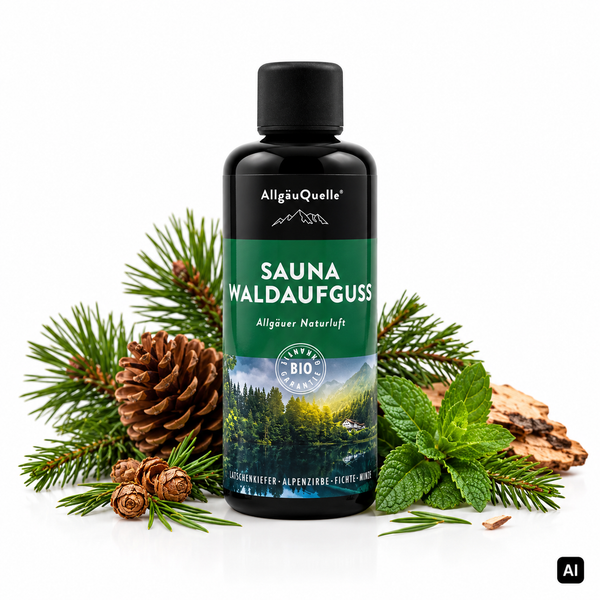 Allgäuquelle Bio-Saunaaufguss Allgäuer Naturluft Sauna Waldaufguss 100 ml Flasche mit Kiefernzweigen, Zapfen, Minze und Rinde