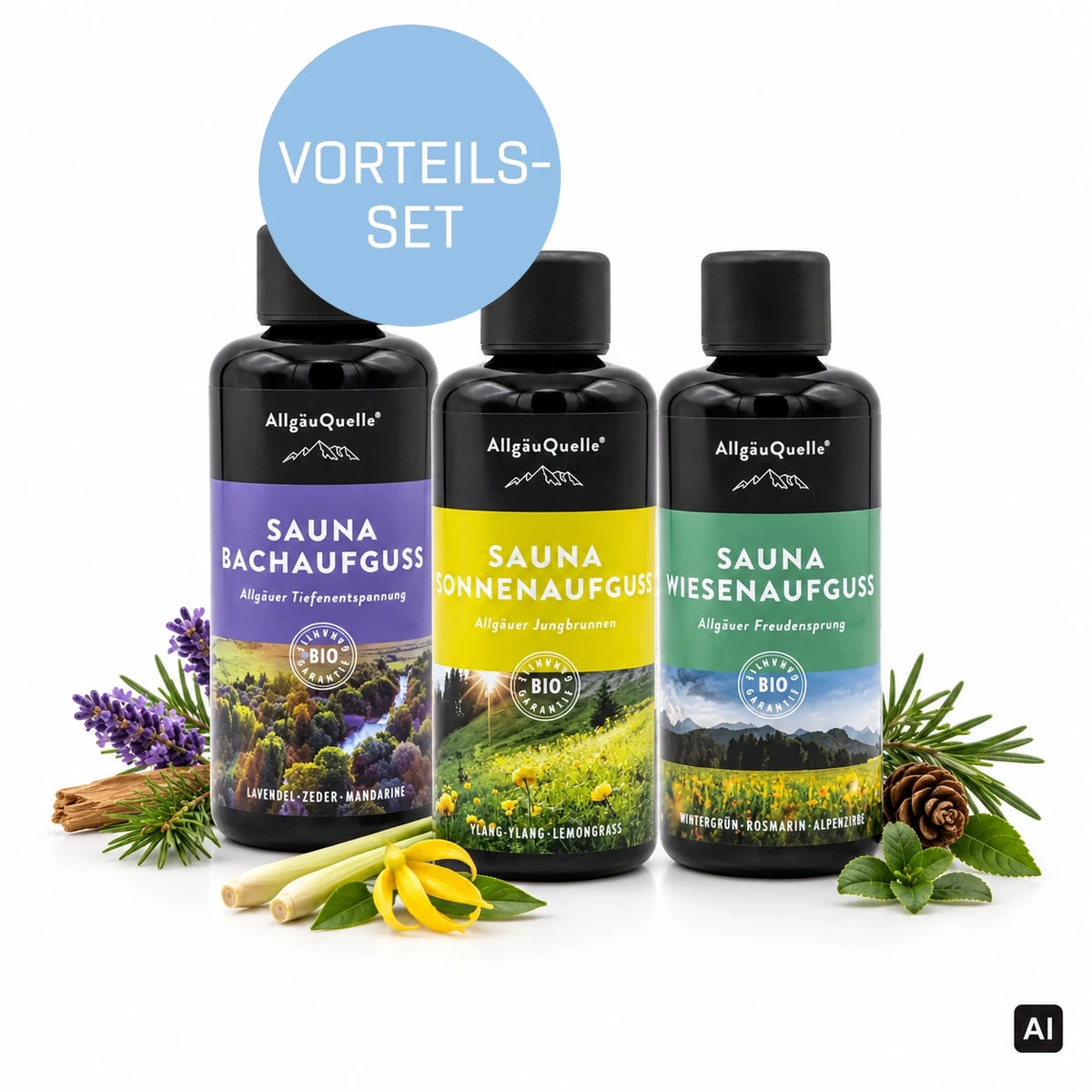 Allgäuquelle Bio-Saunaaufguss Vorteils-Set 3 x 100 ml mit Bachaufguss Tiefenentspannung, Sonnenaufguss Jungbrunnen und Wiesenaufguss Freudensprung, mit Lavendel, Lemongrass, Ylang-Ylang und Zapfen