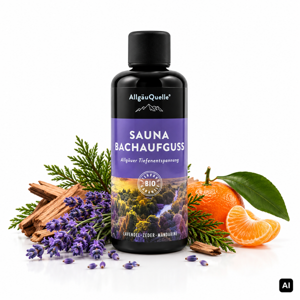 Allgäuquelle Bio-Saunaaufguss Allgäuer Tiefenentspannung Sauna Bachaufguss 100 ml Flasche mit Lavendel, Zedernholz und Mandarine