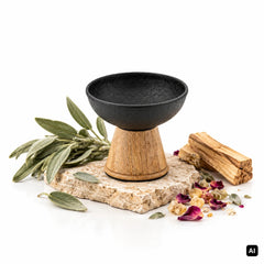 Berk Räucherkelch Elaia klein aus Eisen mit Mangoholzfuß 8 x 9 cm auf Natursteinplatte, daneben Salbei, Palo-Santo-Holz, Weihrauchharz und Rosenblüten