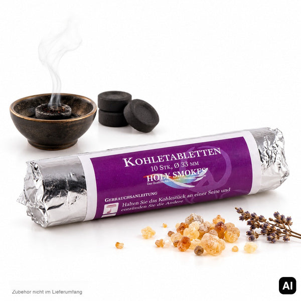 Berk holy smokes Kohletabletten 3,3 cm Rolle mit 10 Stück, Beispielanwendung mit glühender Kohle in Räucherschale und Weihrauchharz