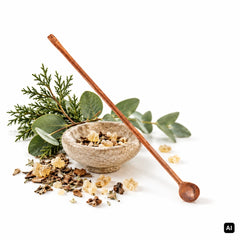 Berk Räucherlöffel aus Kupfer klein 13 cm an einer Steinschale mit Räuchermischung und Weihrauchharz, daneben Eukalyptus und Zypressenzweig