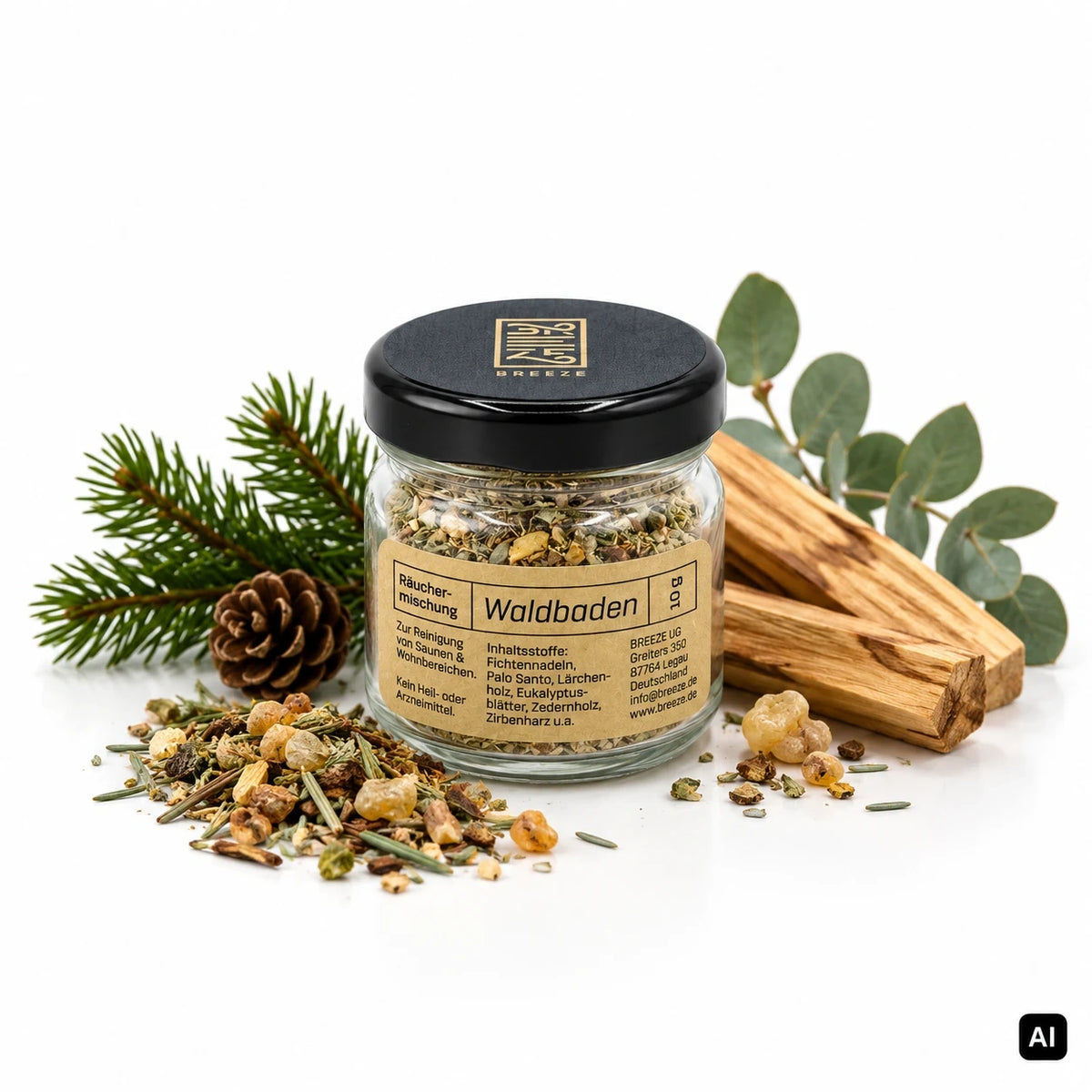 BREEZE Sauna Räuchermischung Waldbaden 10 g im Glas mit Fichtenzweig, Zapfen, Palo-Santo-Holz, Eukalyptus und Harz