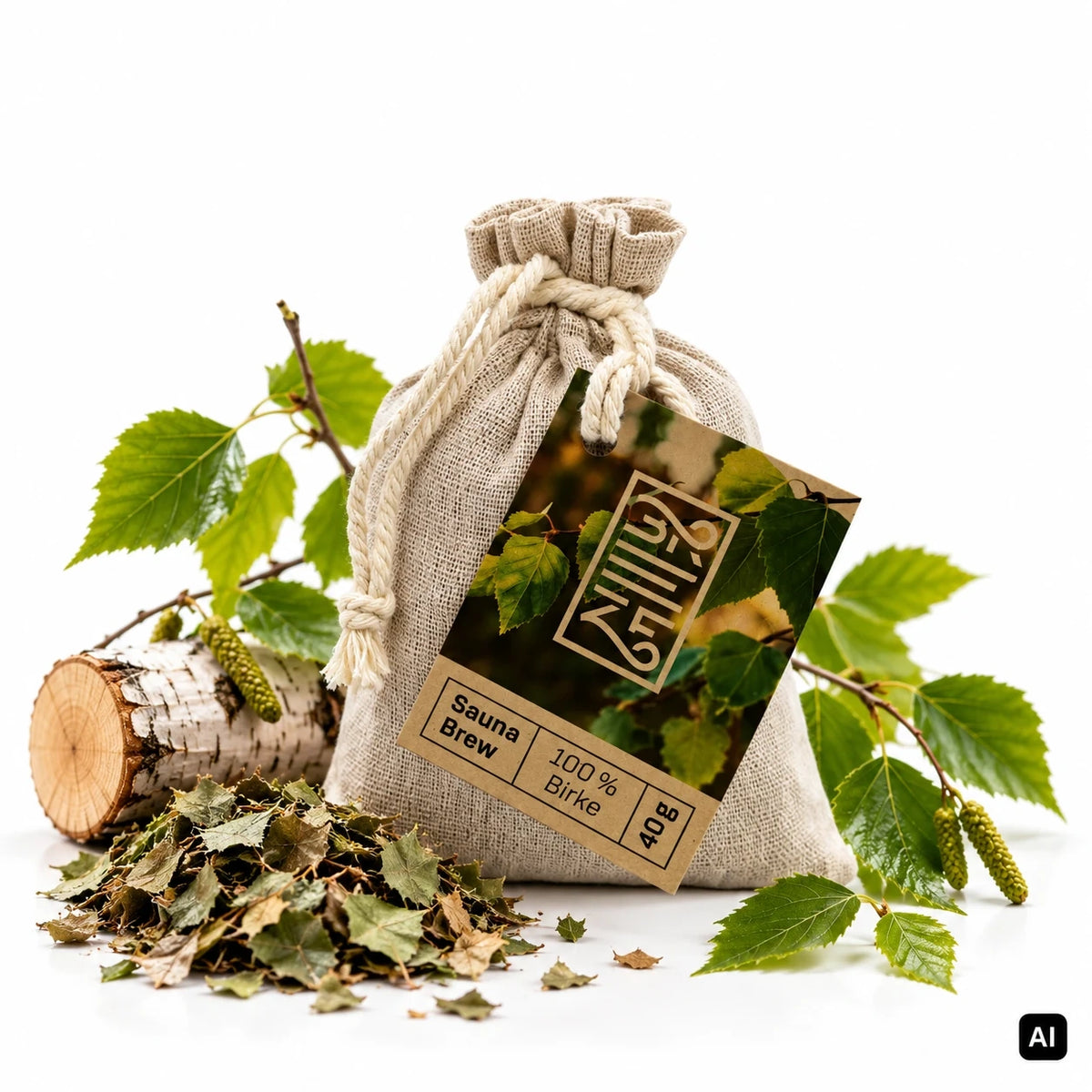 BREEZE Sauna Brew Birke 40 g Leinenbeutel mit Etikett, Birkenzweigen, Birkenholz und getrockneten Birkenblättern