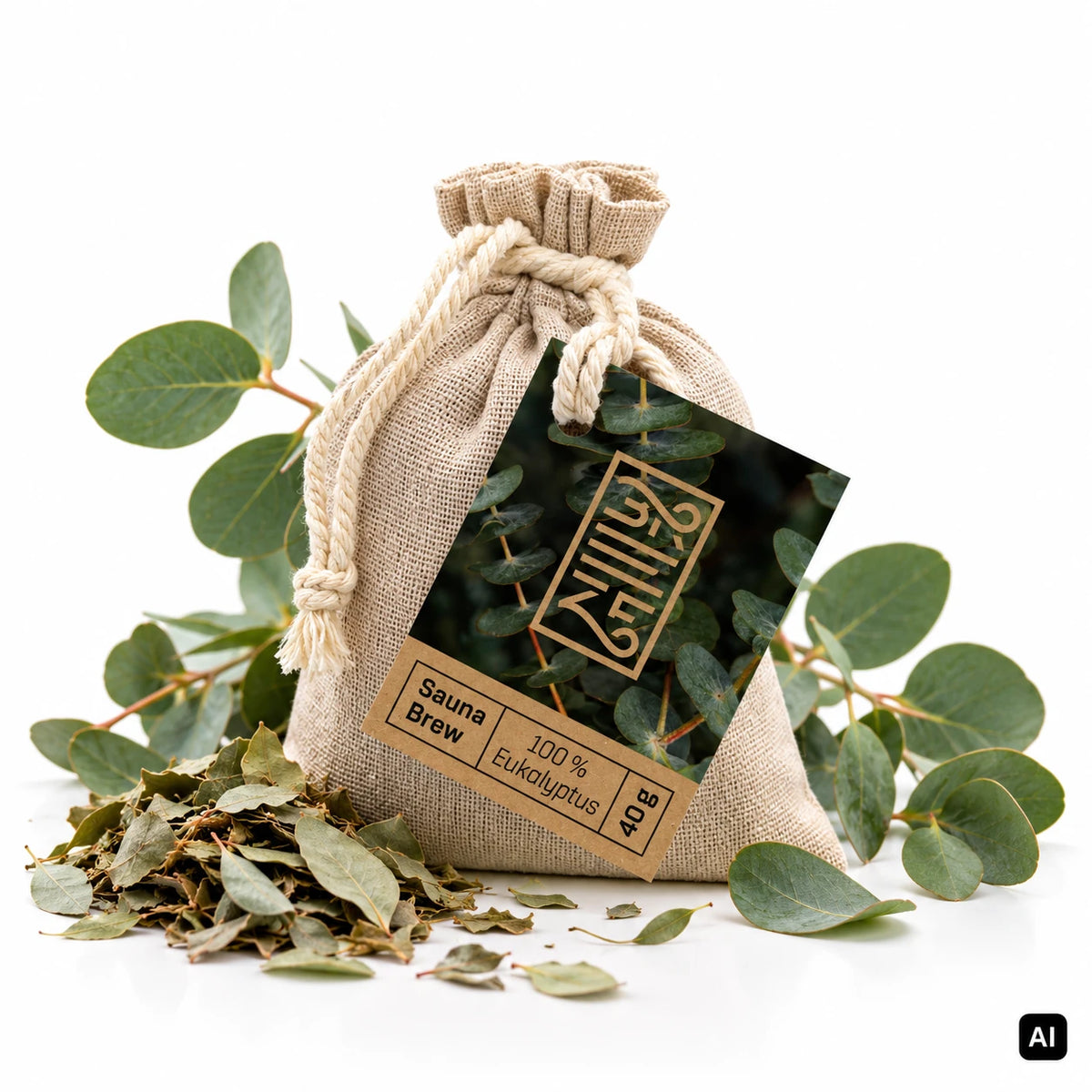 BREEZE Sauna Brew Eukalyptus 40 g Leinenbeutel mit Etikett, frischen Eukalyptuszweigen und getrockneten Eukalyptusblättern