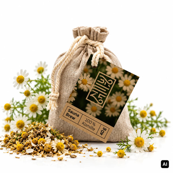 BREEZE Sauna Brew Kamille 40 g Leinenbeutel mit Etikett, frischen Kamillenblüten und getrockneter Kamille