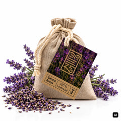 BREEZE Sauna Brew Lavendel 40 g Leinenbeutel mit Etikett, frischen Lavendelzweigen und getrockneten Lavendelblüten