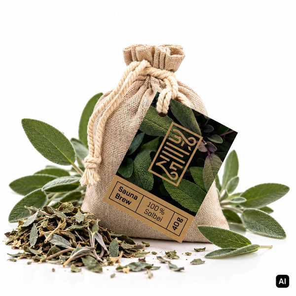 BREEZE Sauna Brew Salbei 40 g Leinenbeutel mit Etikett, frischen Salbeiblättern und getrocknetem Salbei