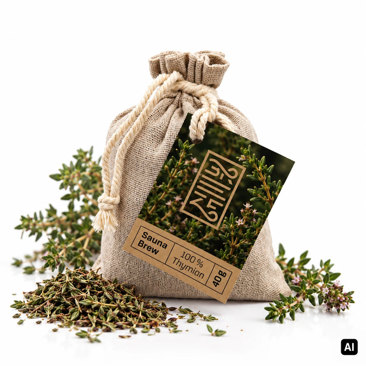 BREEZE Sauna Brew Thymian 40 g Leinenbeutel mit Etikett, blühenden Thymianzweigen und getrocknetem Thymian