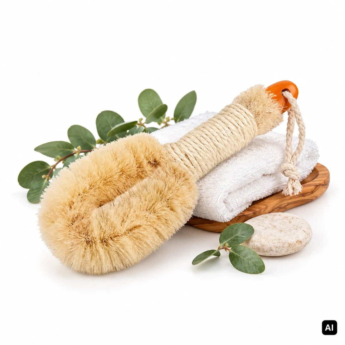 Croll und Denecke Sisal Körperbürste mit Naturborsten und umwickeltem Griff auf weißem Handtuch und Olivenholzschale, daneben Eukalyptus und Seife