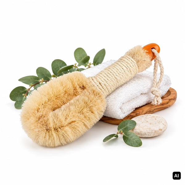 Croll und Denecke Sisal Körperbürste mit Naturborsten und umwickeltem Griff auf weißem Handtuch und Olivenholzschale, daneben Eukalyptus und Seife